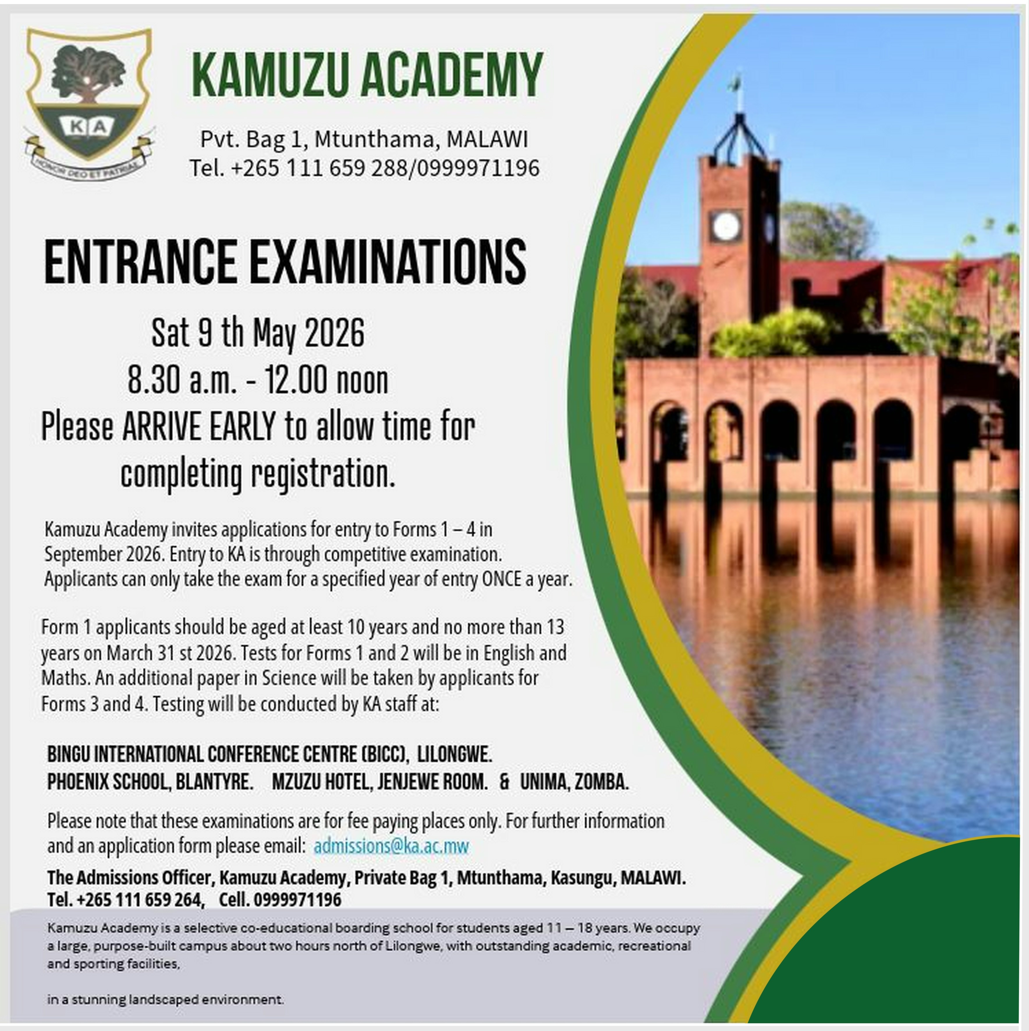 Entrance Examinations, Sat 9th May 2026, 8.30 a.m. - 12.00 noon. Please ARRIVE EARLY to allow time for completing registration.